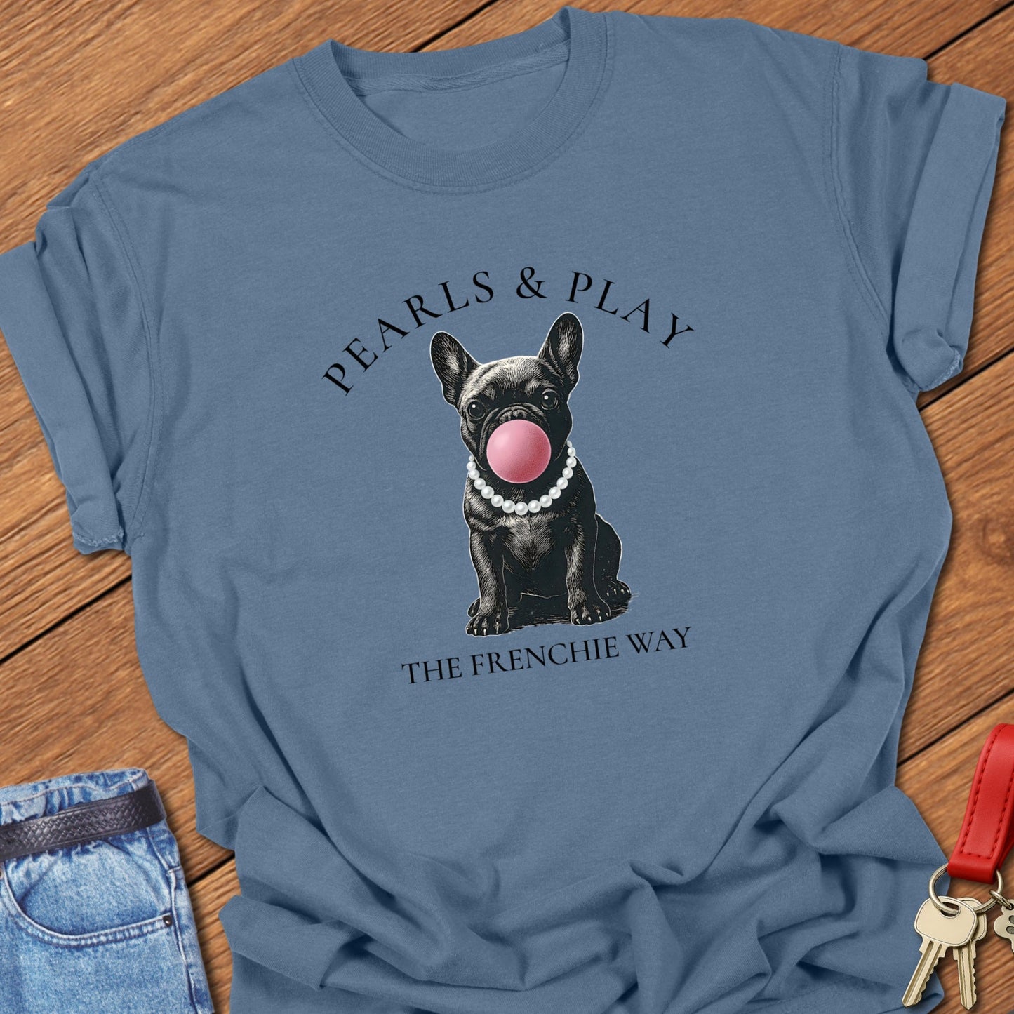 French bulldog pearls and bubblegum illustration printed on blue jean Comfort Colors t shirt