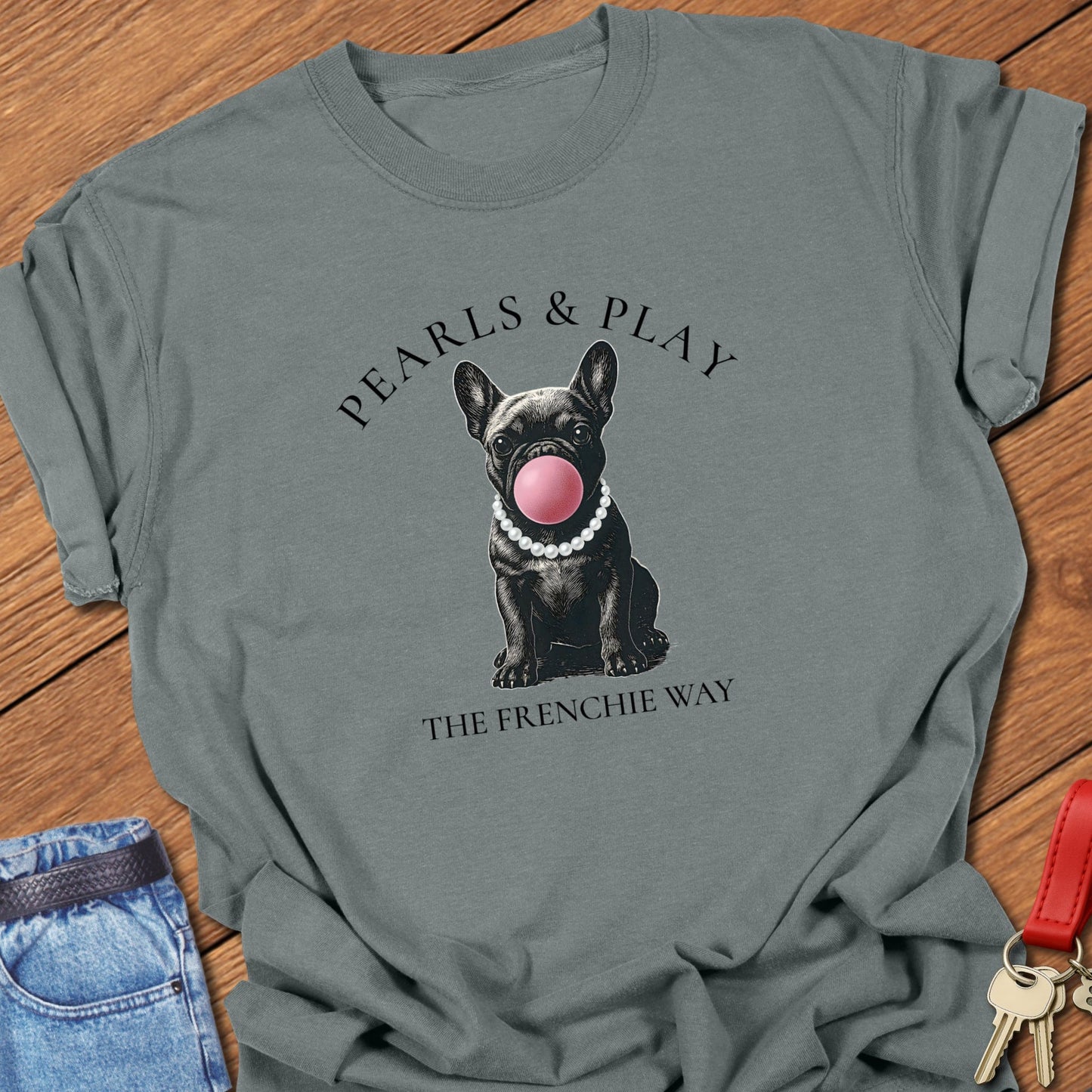 French bulldog pearls and bubblegum illustration printed on granite Comfort Colors t shirt