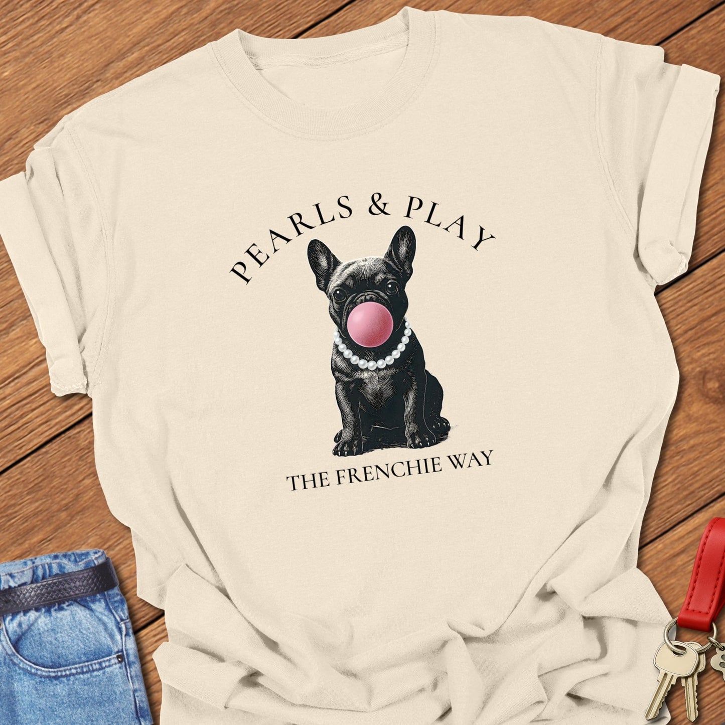 French bulldog pearls and bubblegum illustration printed on ivory Comfort Colors t shirt