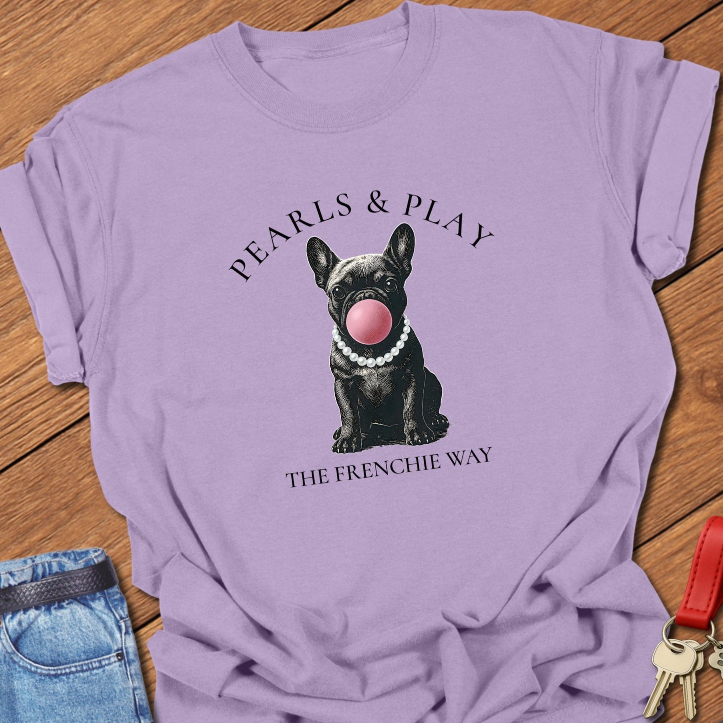 French bulldog pearls and bubblegum illustration printed on orchid Comfort Colors t shirt