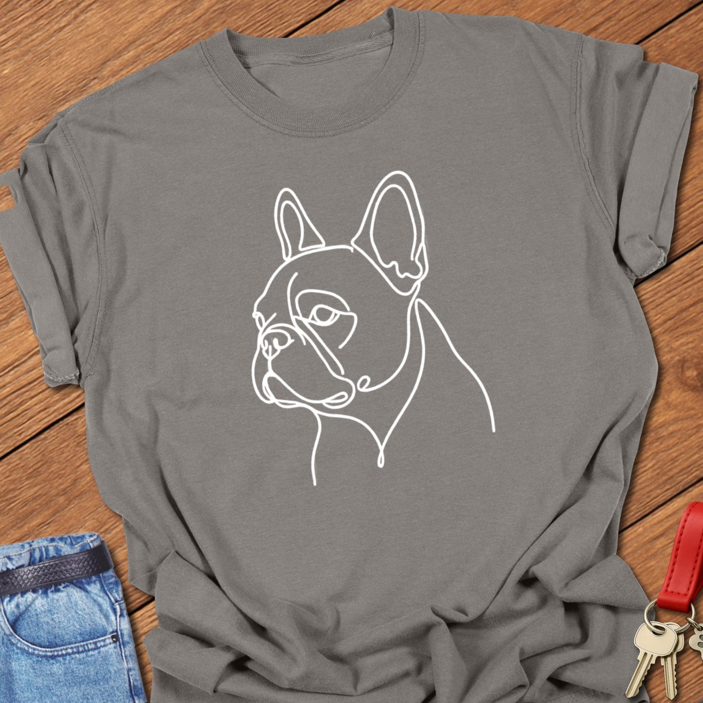 French bulldog minimalist continuous line art portrait printed on grey Comfort Colors t shirt.