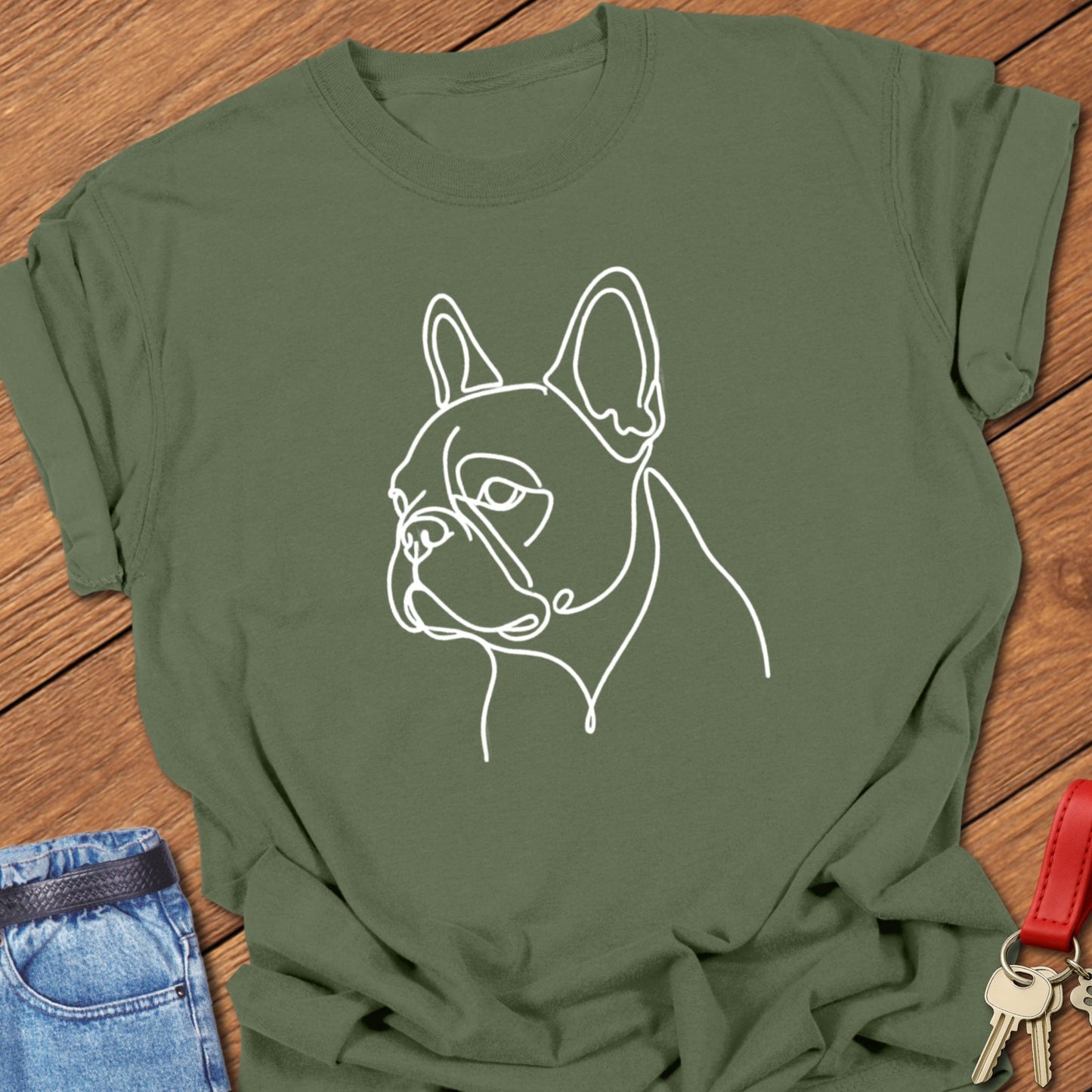 French bulldog minimalist continuous line art portrait printed on moss Comfort Colors t shirt.