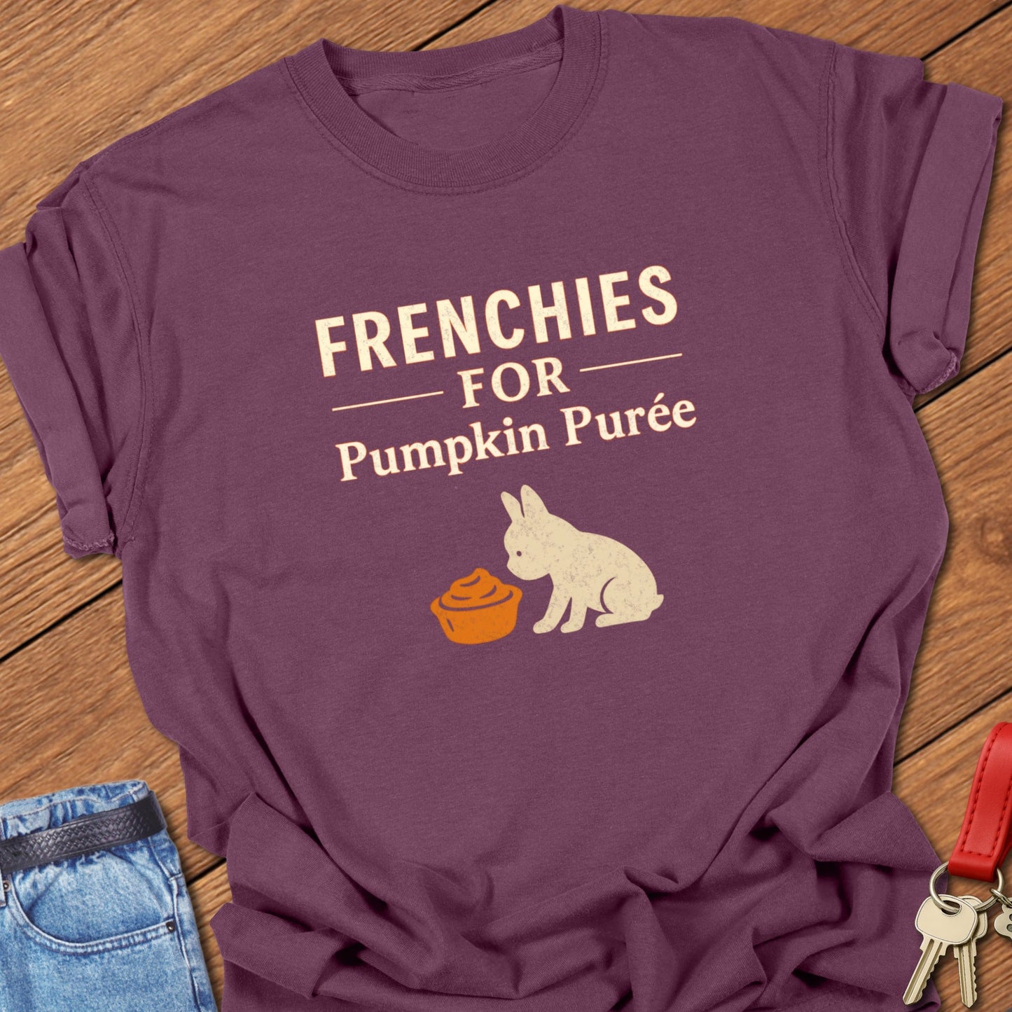 French bulldog seasonal food illustration with pumpkin purée bowl graphic and bold typography printed on berry Comfort Colors t shirt
