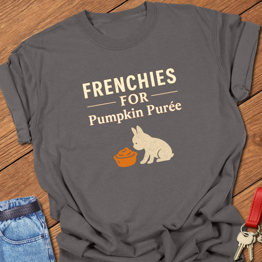 French bulldog seasonal food illustration with pumpkin purée bowl graphic and bold typography printed on pepper Comfort Colors t shirt