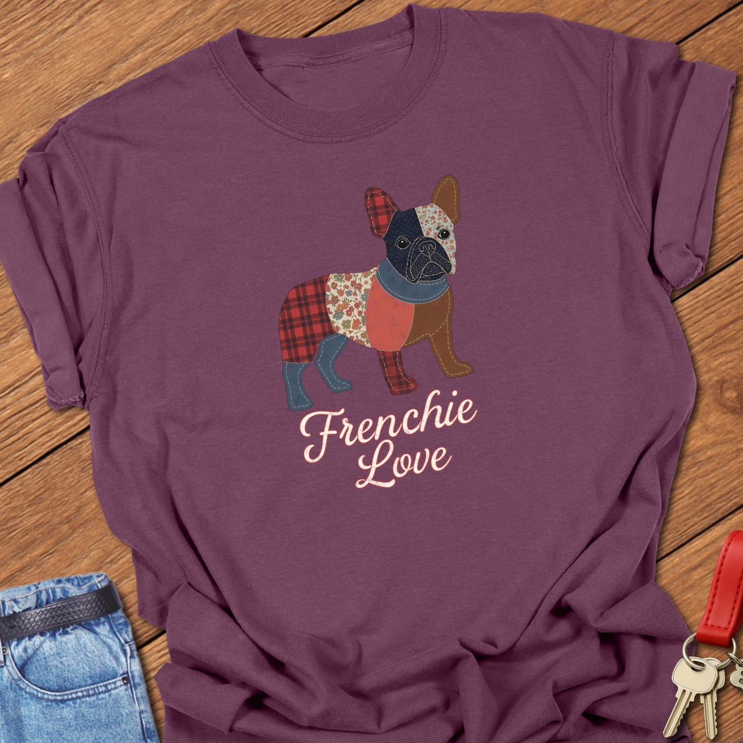 French bulldog patchwork-style illustration with “Frenchie Love” script text printed on berry Comfort Colors t shirt