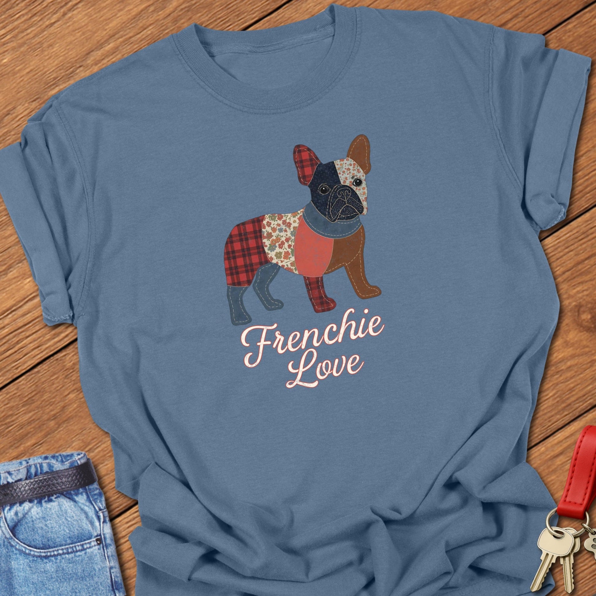 French bulldog patchwork-style illustration with “Frenchie Love” script text printed on blue jean Comfort Colors t shirt