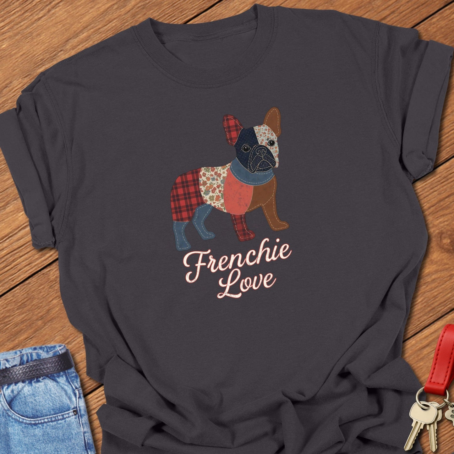 French bulldog patchwork-style illustration with “Frenchie Love” script text printed on graphite Comfort Colors t shirt
