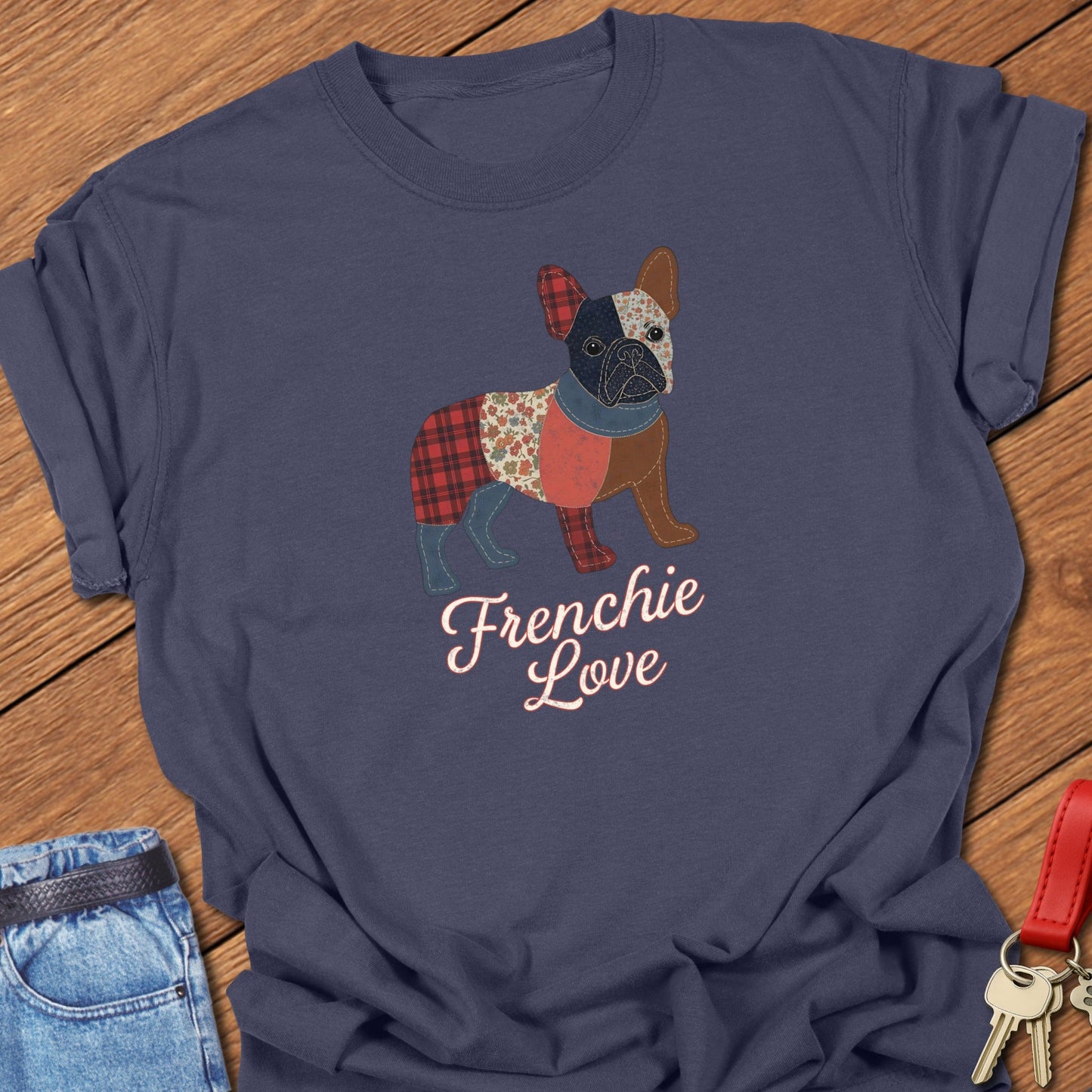 French bulldog patchwork-style illustration with “Frenchie Love” script text printed on navy Comfort Colors t shirt