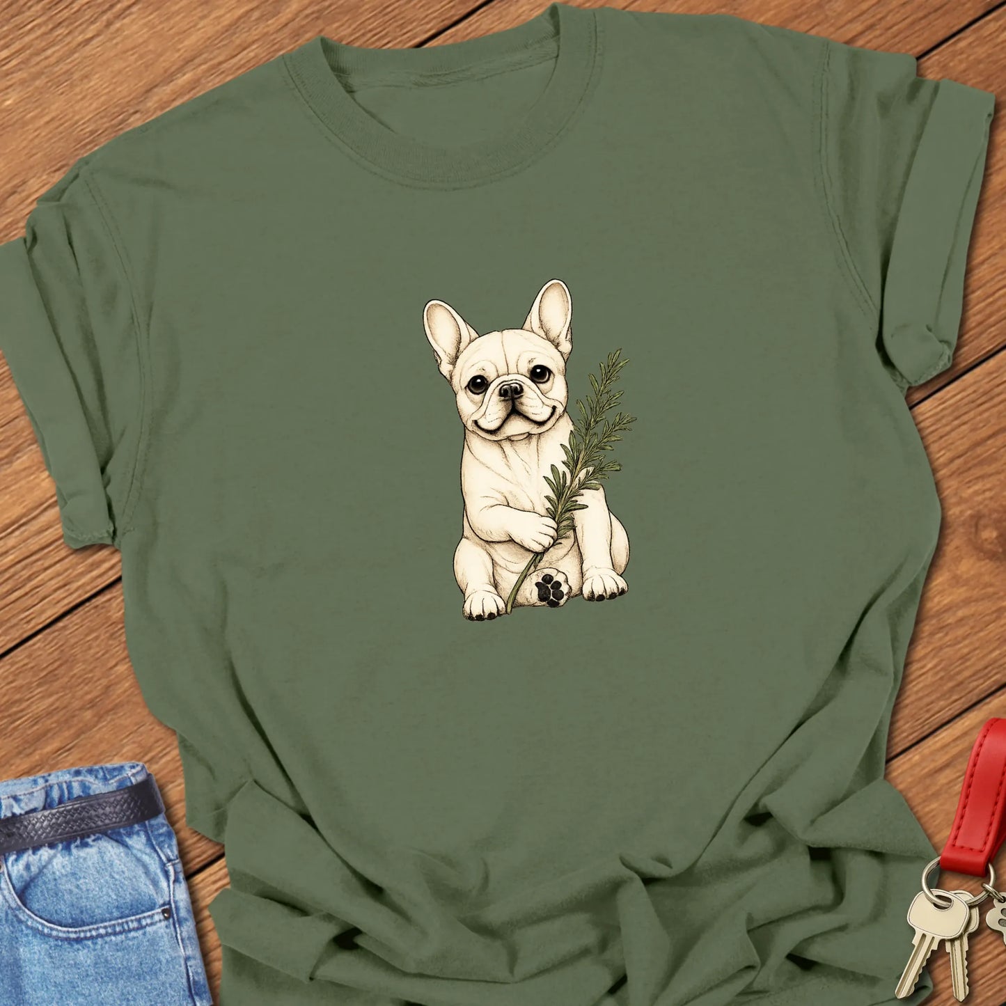 Frenchie Rosemary Art cream French Bulldog holding rosemary sprig printed on Comfort Colors® t-shirt in Moss Color