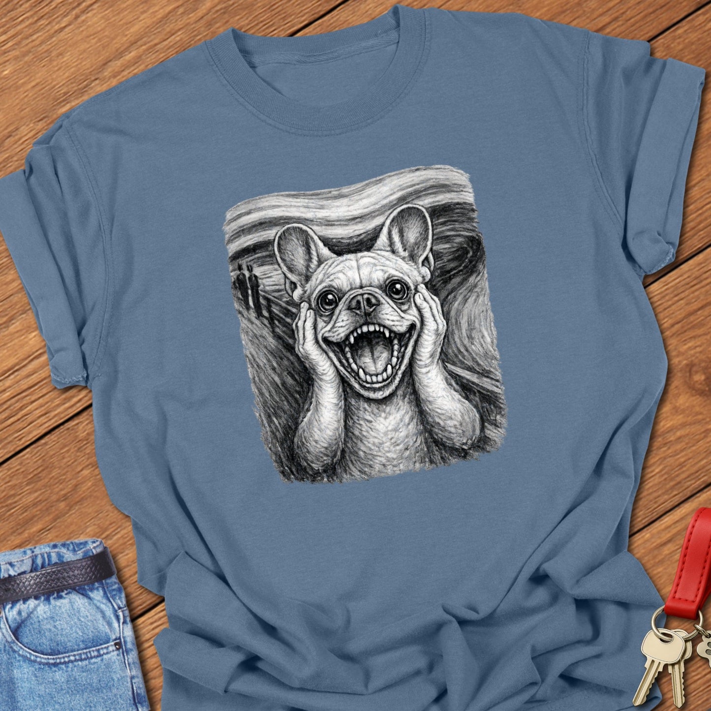 French Bulldog parody artwork inspired by Edvard Munch The Scream painting printed on a Comfort Colors Frenchie t shirt in Blue Jean.