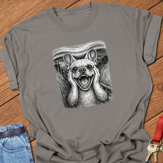 French Bulldog parody artwork inspired by Edvard Munch The Scream painting printed on a Comfort Colors Frenchie t shirt in Grey.
