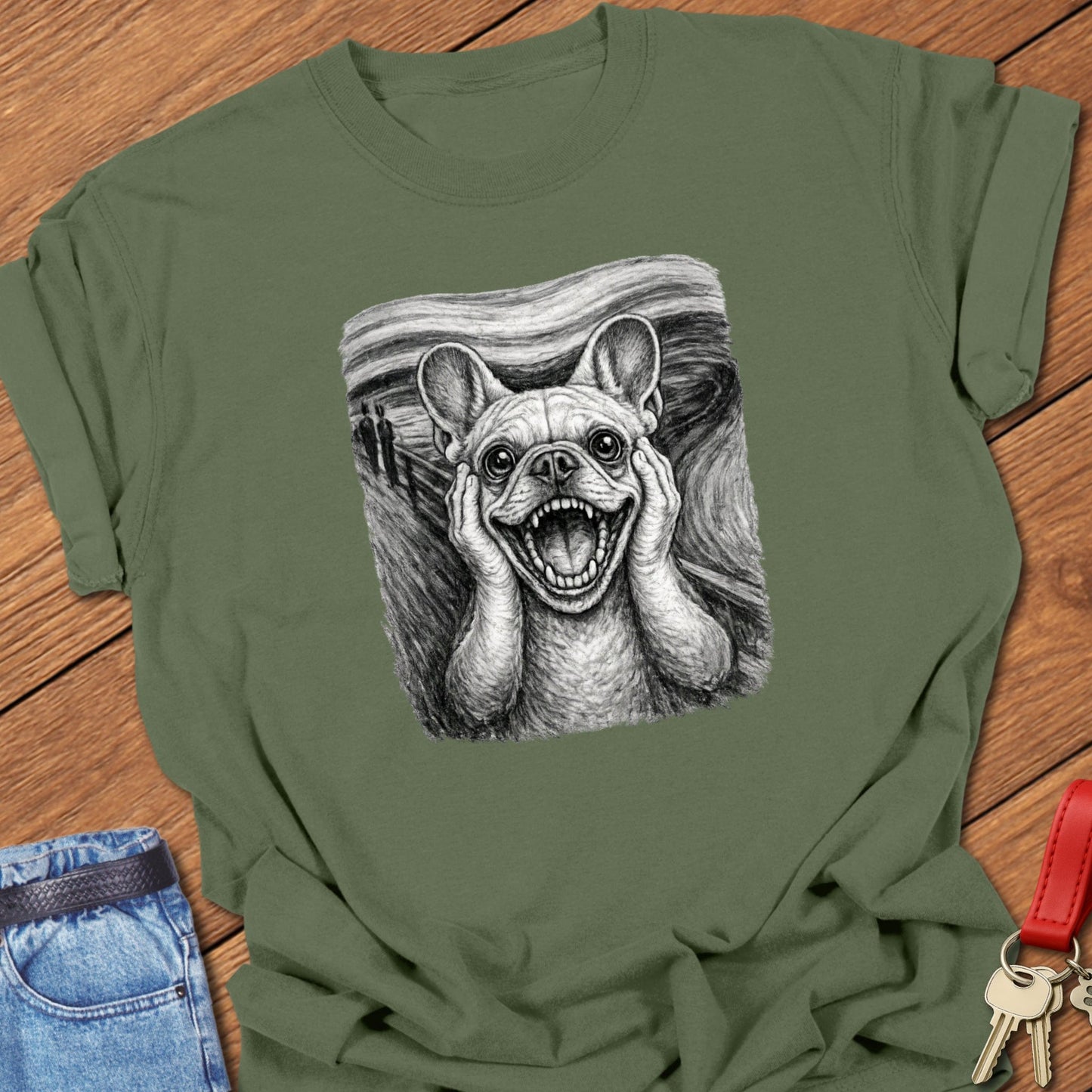 French Bulldog parody artwork inspired by Edvard Munch The Scream painting printed on a Comfort Colors Frenchie t shirt in Moss.