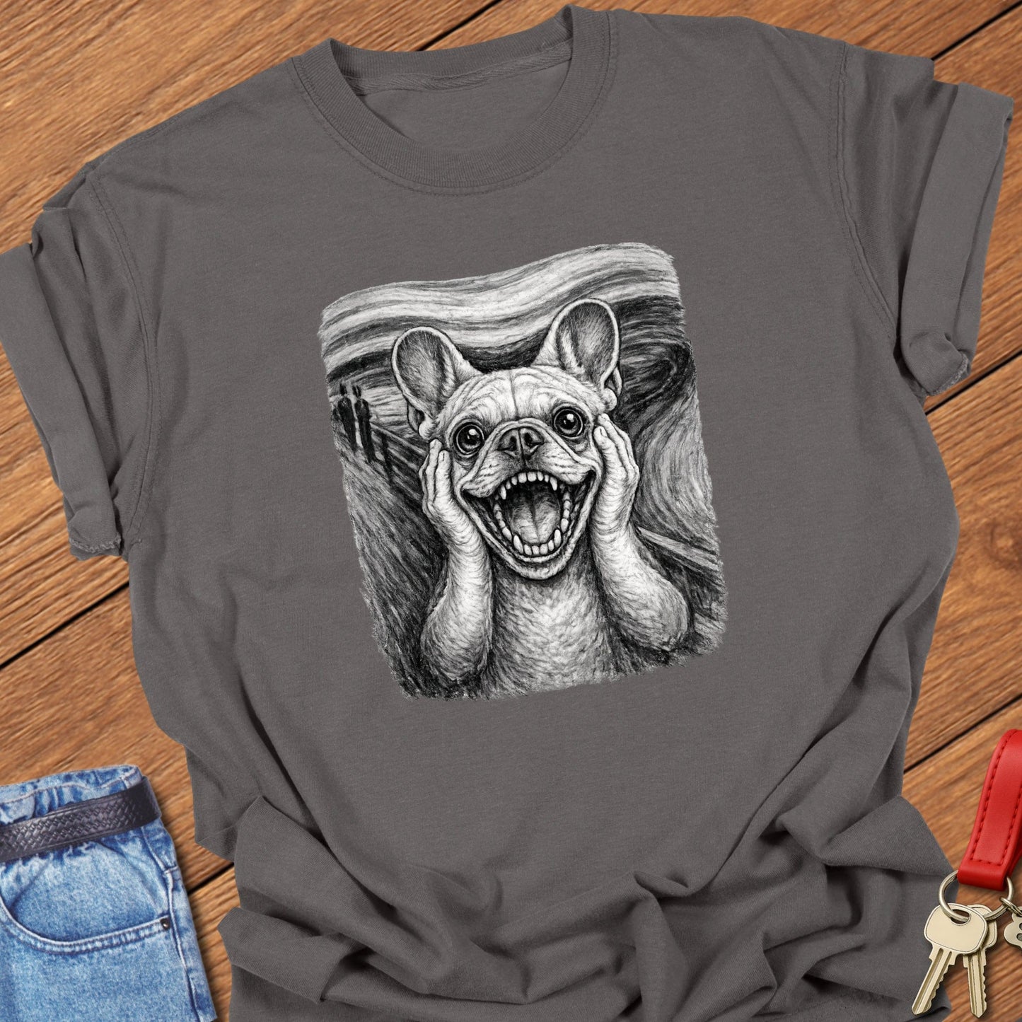 French Bulldog parody artwork inspired by Edvard Munch The Scream painting printed on a Comfort Colors Frenchie t shirt in Pepper.