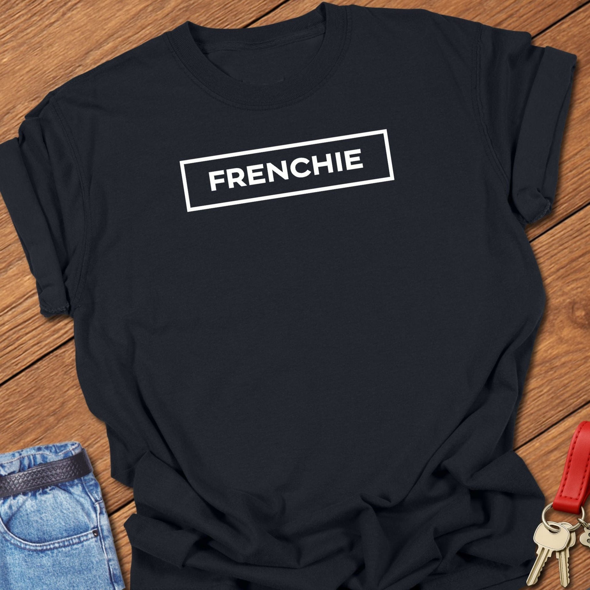 French bulldog frenchie text graphic printed on black Comfort Colors t shirt.