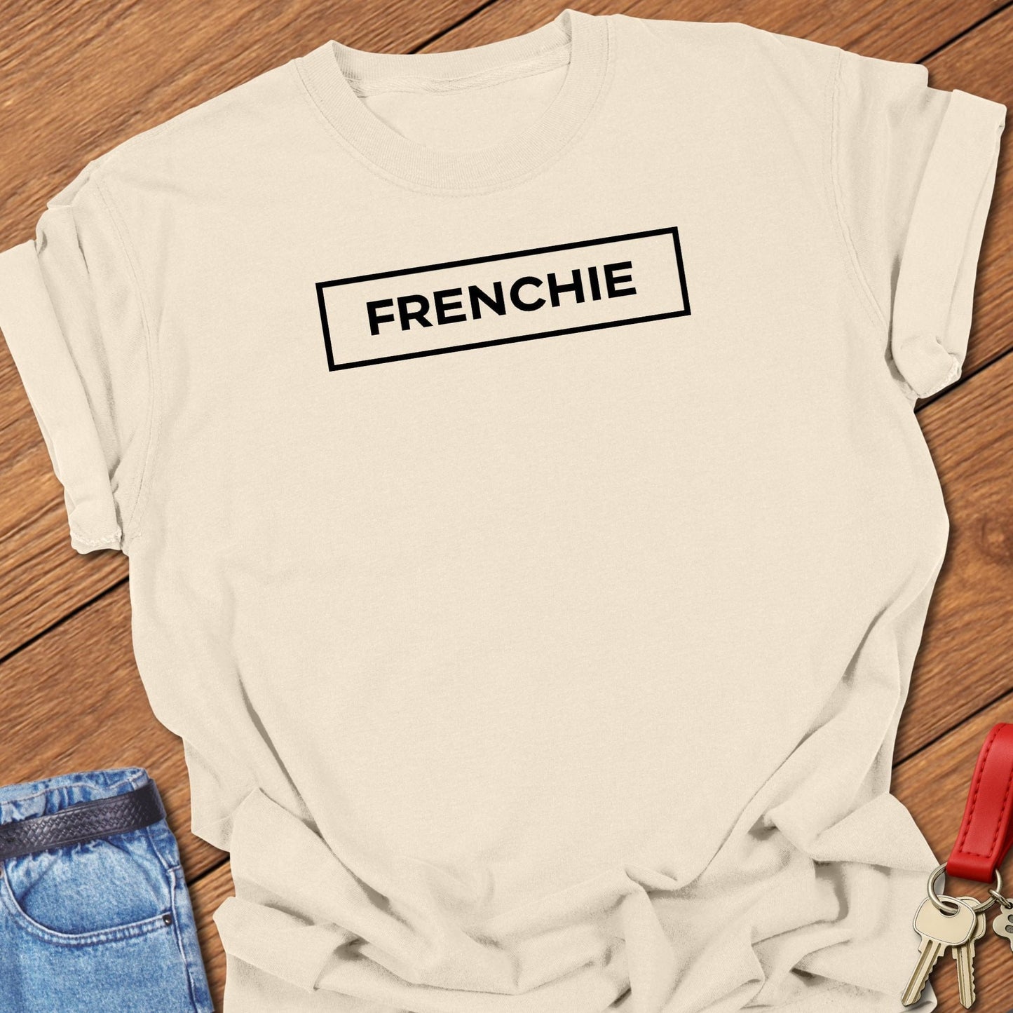 French bulldog frenchie text graphic printed on ivory Comfort Colors t shirt.