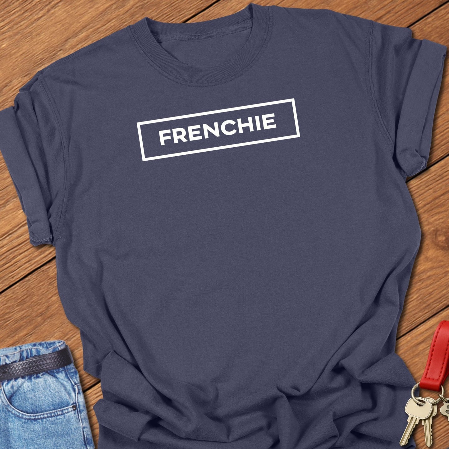 French bulldog frenchie text graphic printed on navy Comfort Colors t shirt.