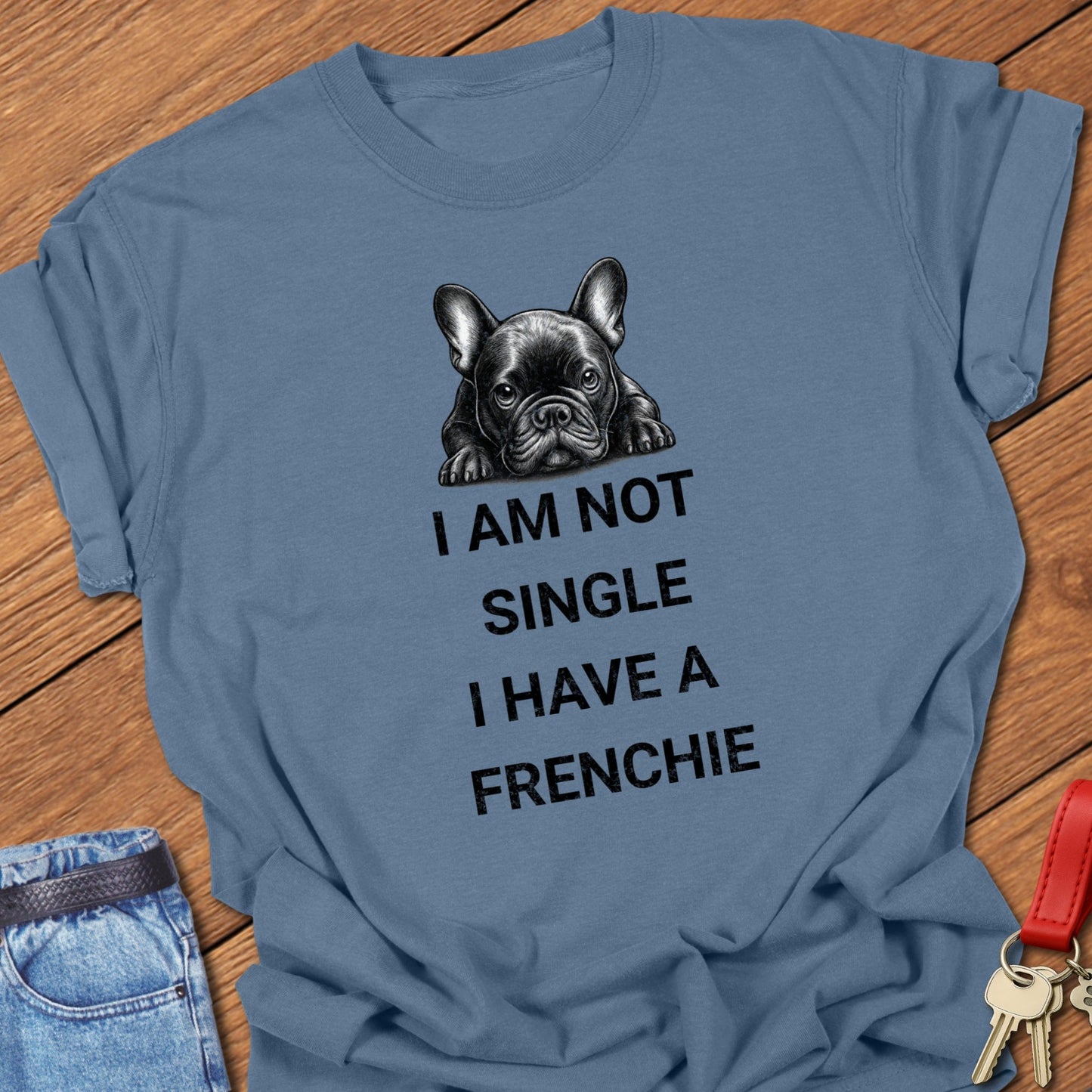 French bulldog text and illustration design printed on blue jean Comfort Colors t shirt