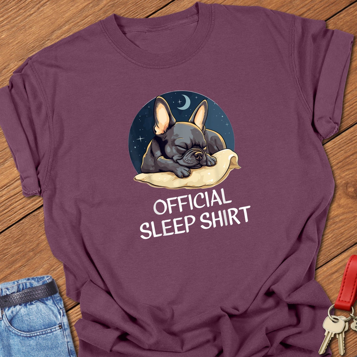 French bulldog sleeping illustration with “Official Sleep Shirt” text printed on berry Comfort Colors t shirt