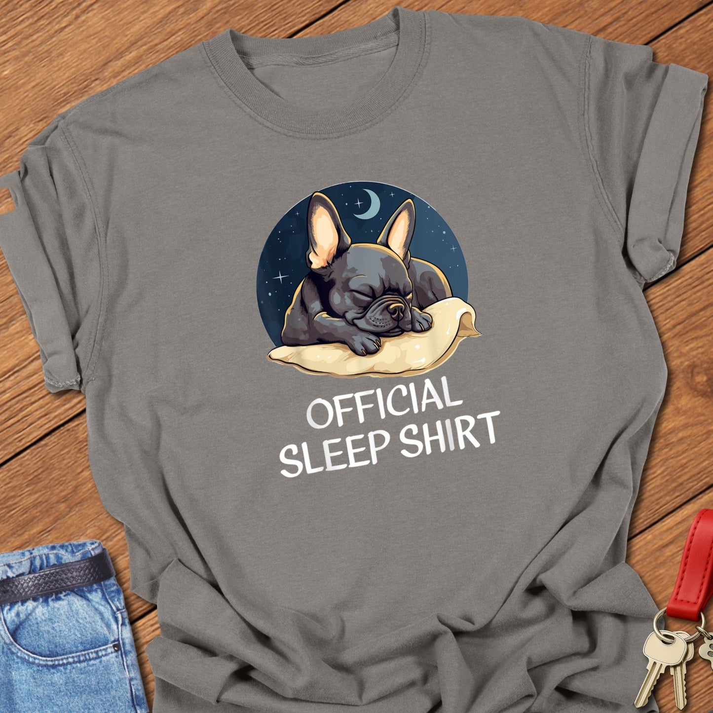 French bulldog sleeping illustration with “Official Sleep Shirt” text printed on grey Comfort Colors t shirt