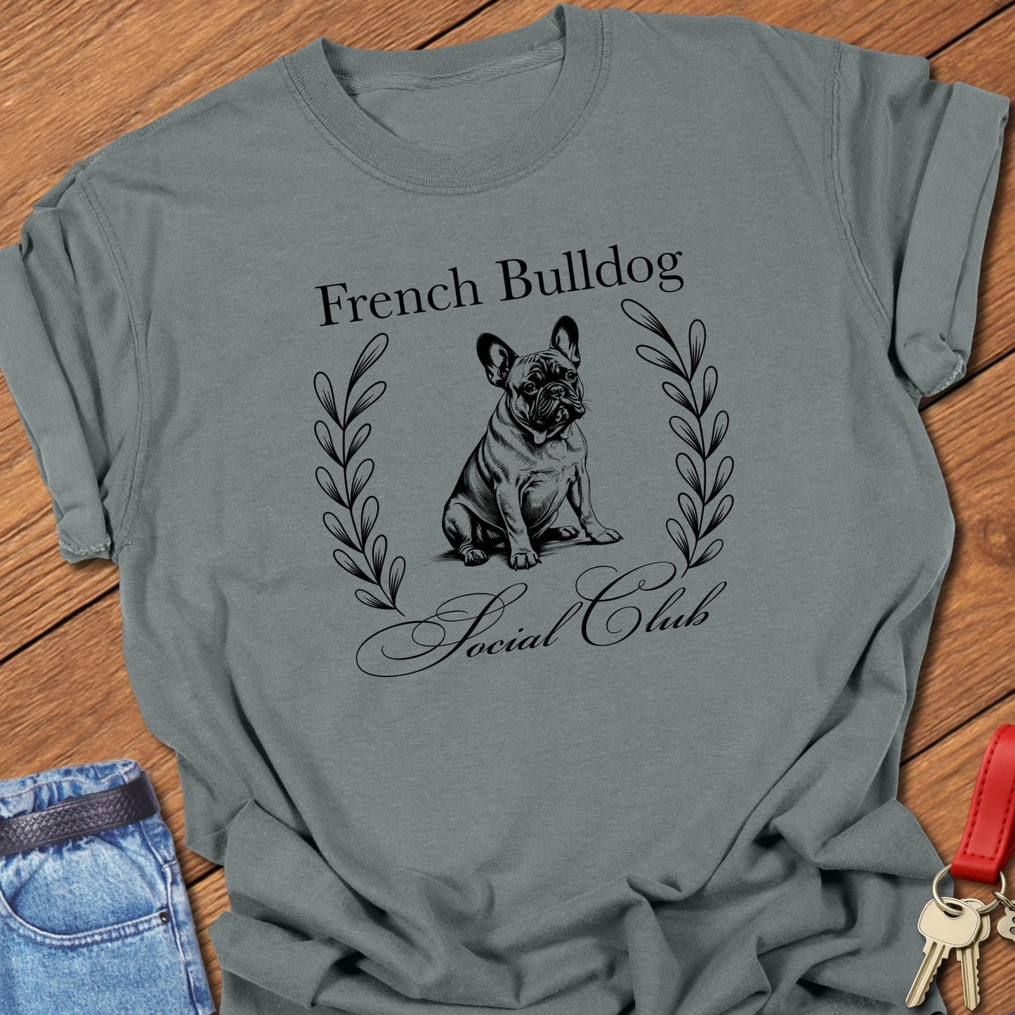 French bulldog vintage line art design with laurel wreath printed on granite Comfort Colors t shirt.