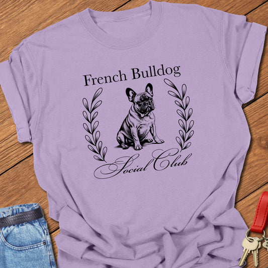 French bulldog vintage line art design with laurel wreath printed on orchid Comfort Colors t shirt.