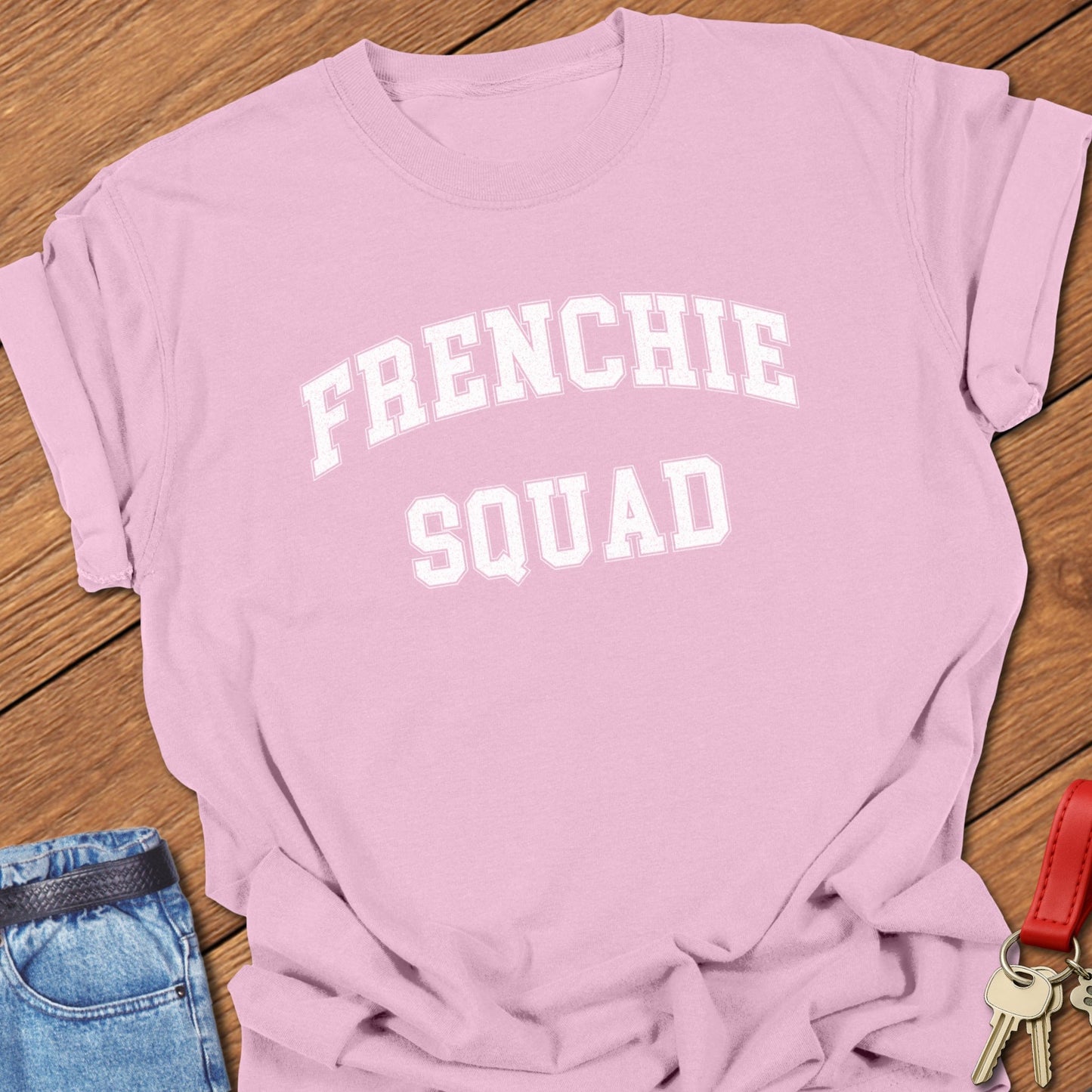 French bulldog squad varsity-style distressed typography printed on blossom Comfort Colors t shirt