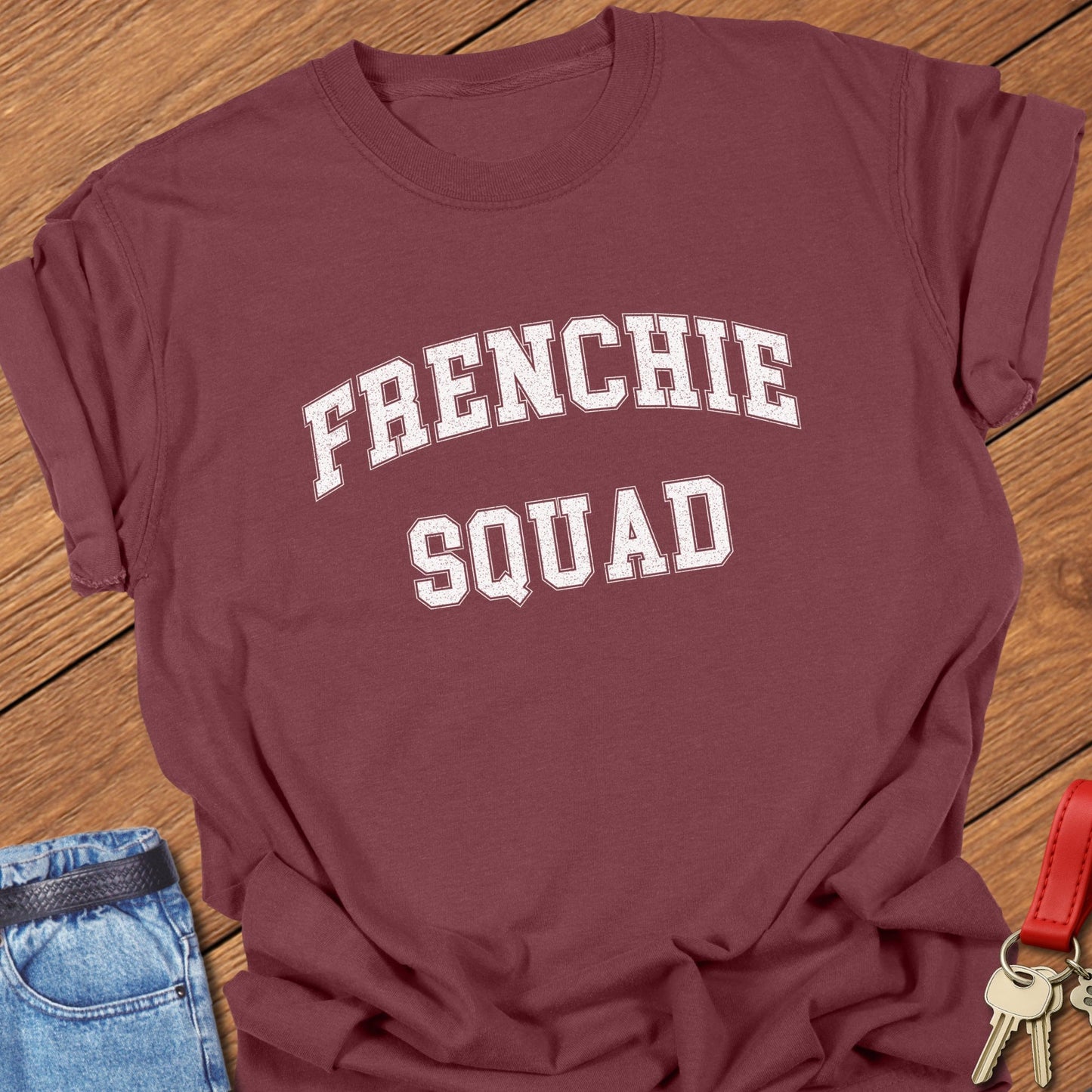 French bulldog squad varsity-style distressed typography printed on brick Comfort Colors t shirt