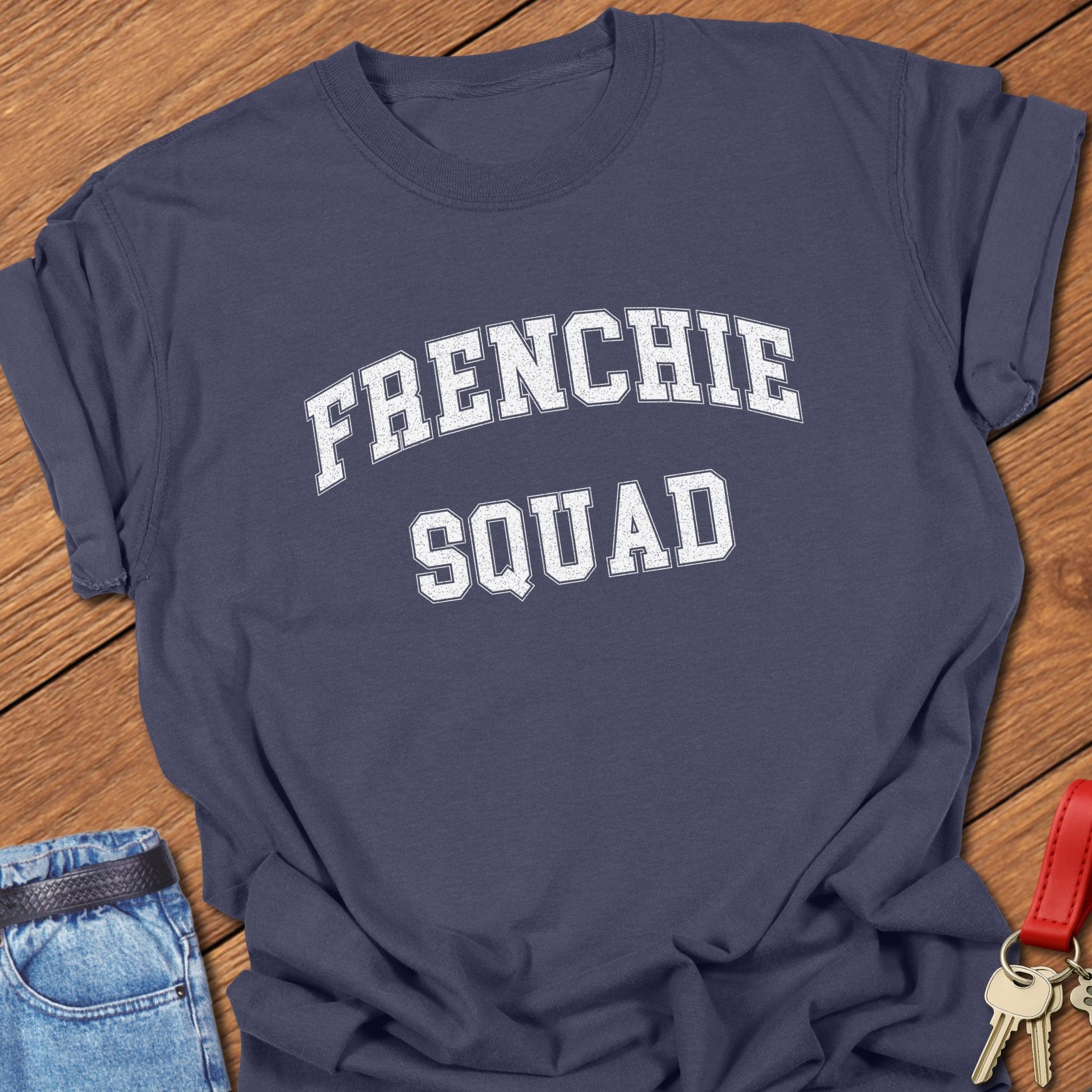 French bulldog squad varsity-style distressed typography printed on navy Comfort Colors t shirt