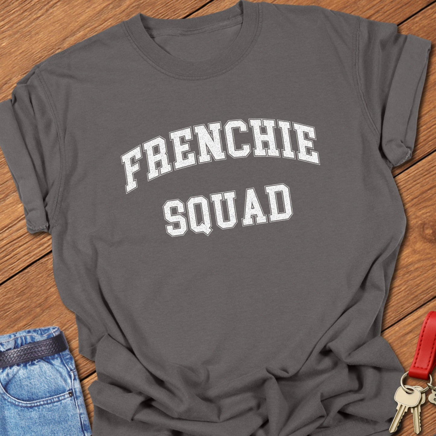 French bulldog squad varsity-style distressed typography printed on pepper Comfort Colors t shirt