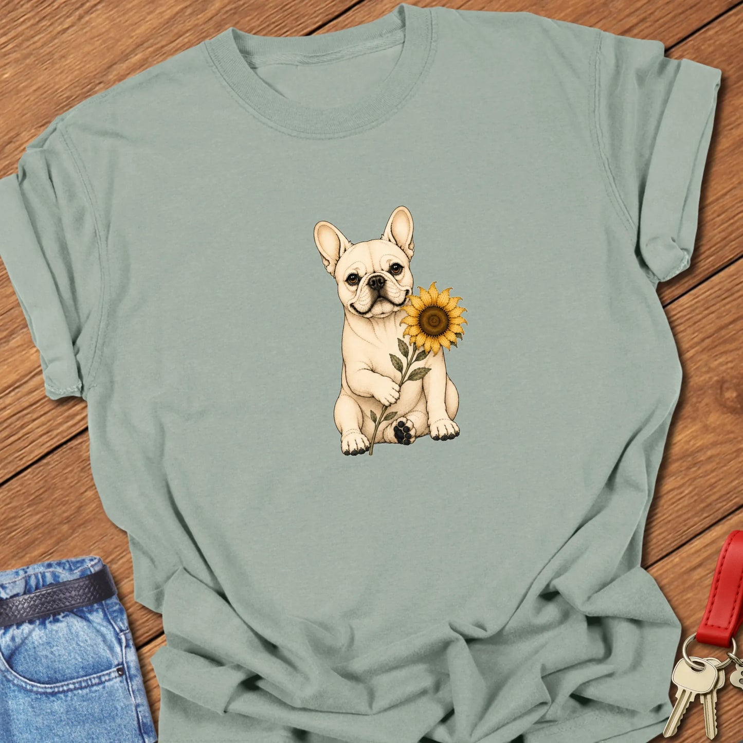 Frenchie Sunflower Art cream French Bulldog holding sunflower printed on Comfort Colors® t-shirt in Bay Color