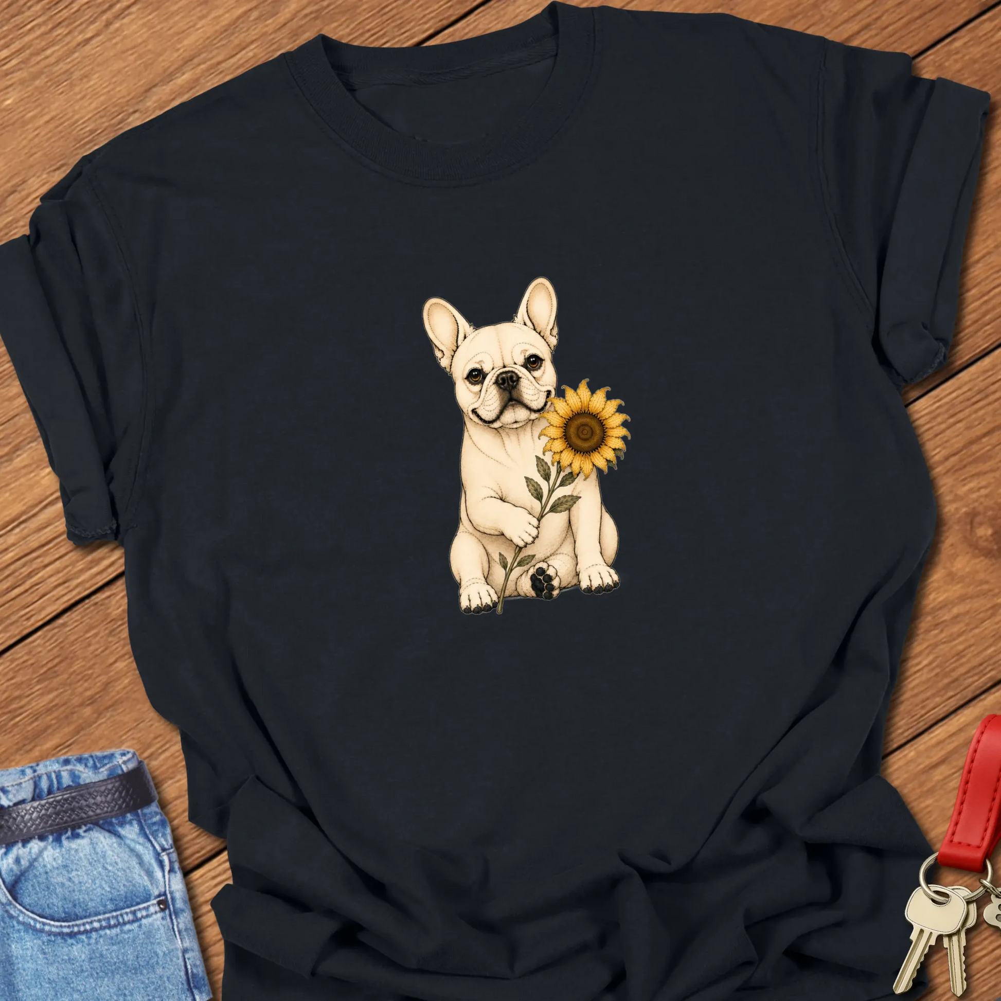 Frenchie Sunflower Art cream French Bulldog holding sunflower printed on Comfort Colors® t-shirt in Black Color
