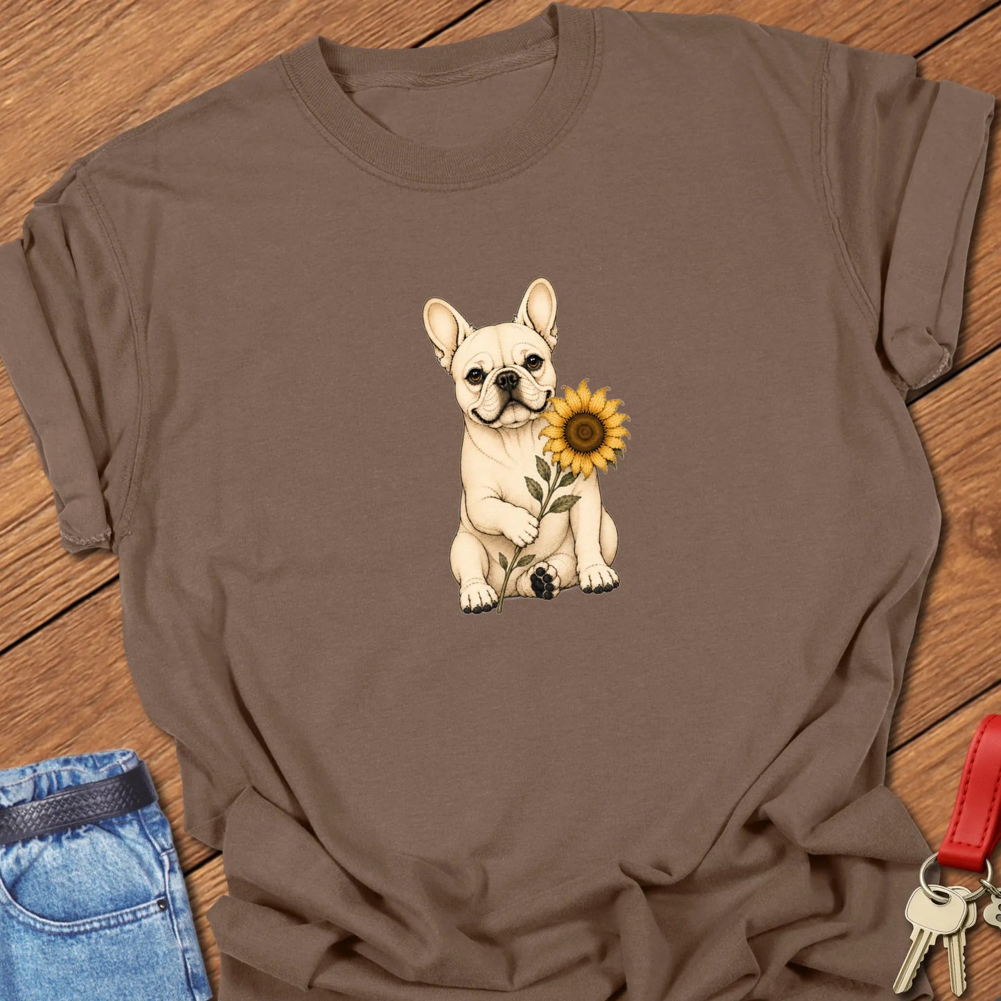 Frenchie Sunflower Art cream French Bulldog holding sunflower printed on Comfort Colors® t-shirt in Espresso Color