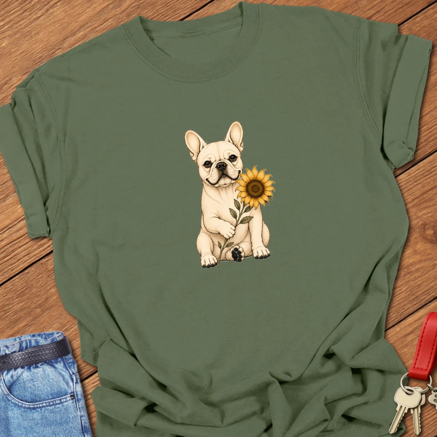 Frenchie Sunflower Art cream French Bulldog holding sunflower printed on Comfort Colors® t-shirt in Moss Color