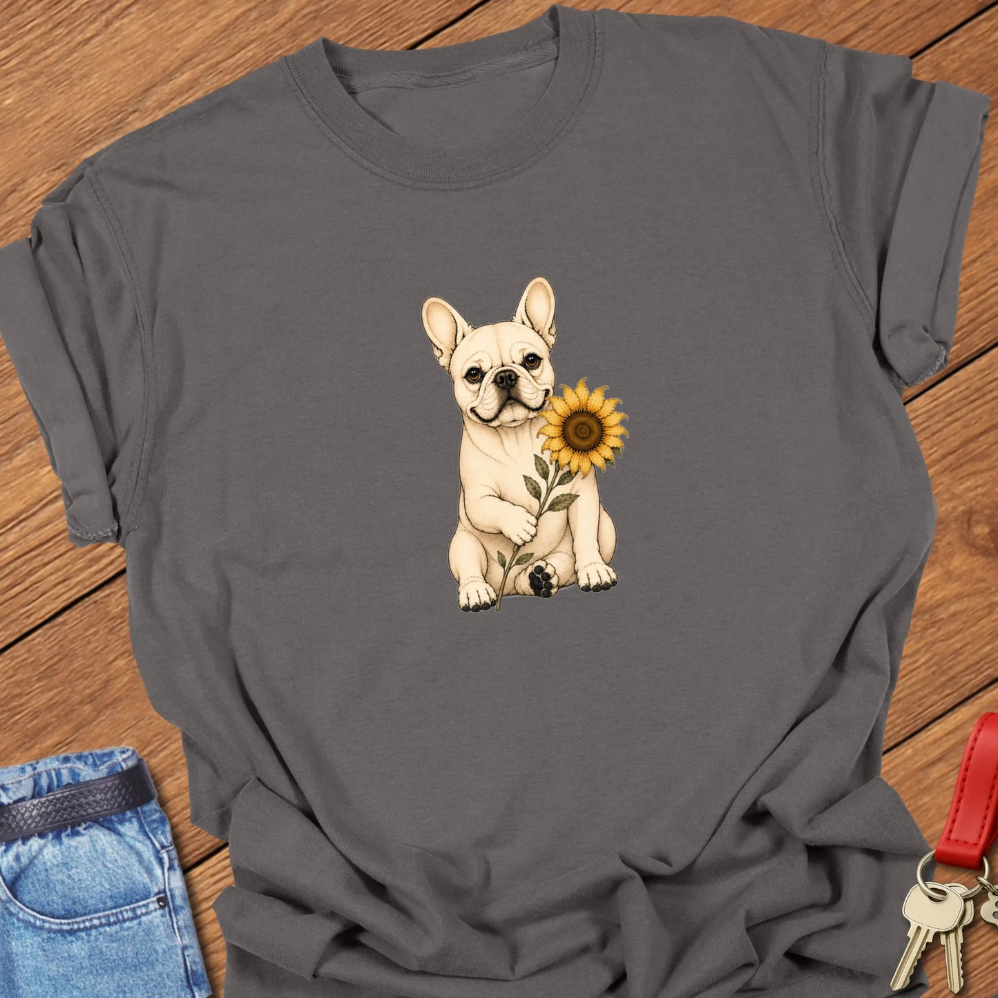 Frenchie Sunflower Art cream French Bulldog holding sunflower printed on Comfort Colors® t-shirt in Pepper Color