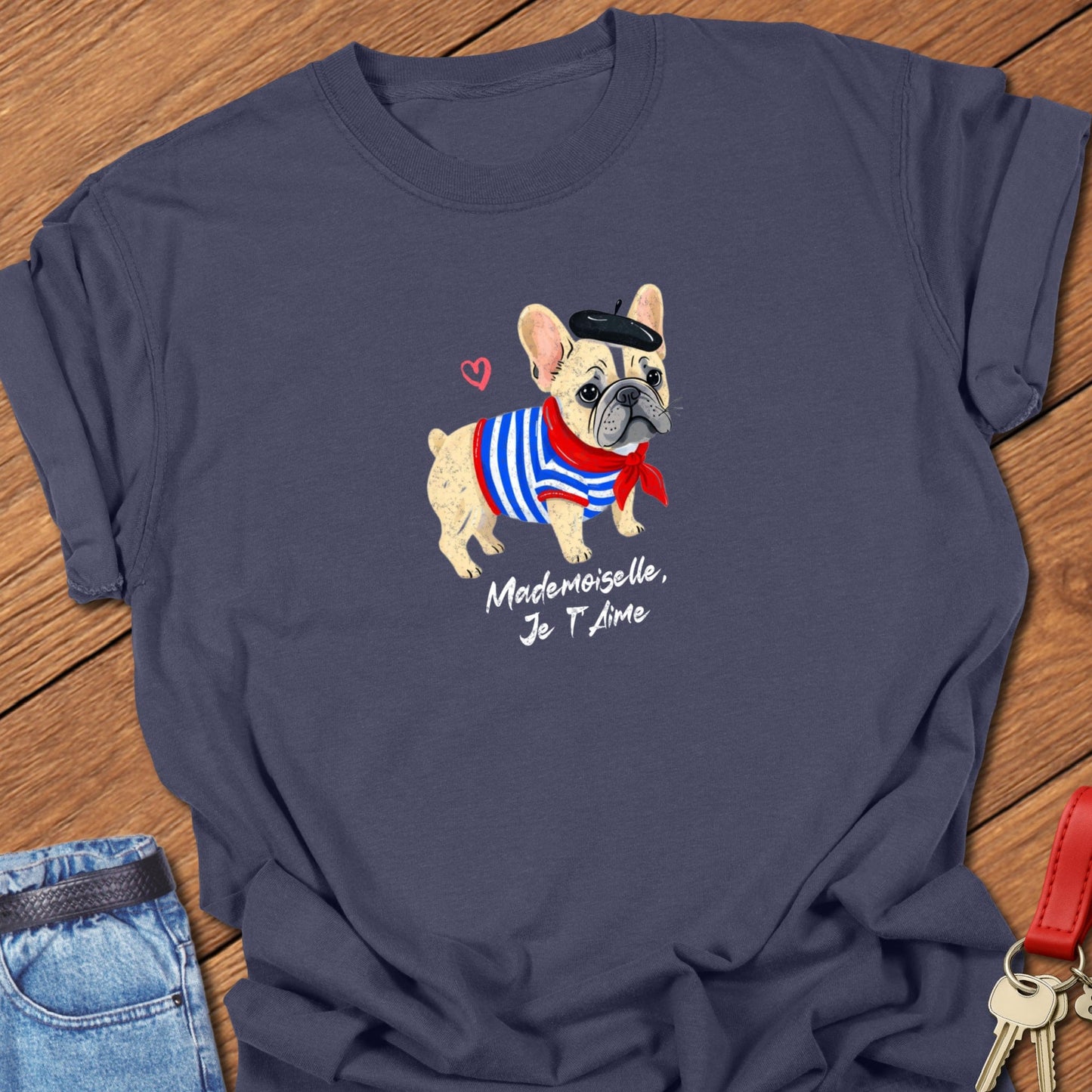 French bulldog Parisian illustration printed on navy Comfort Colors t shirt