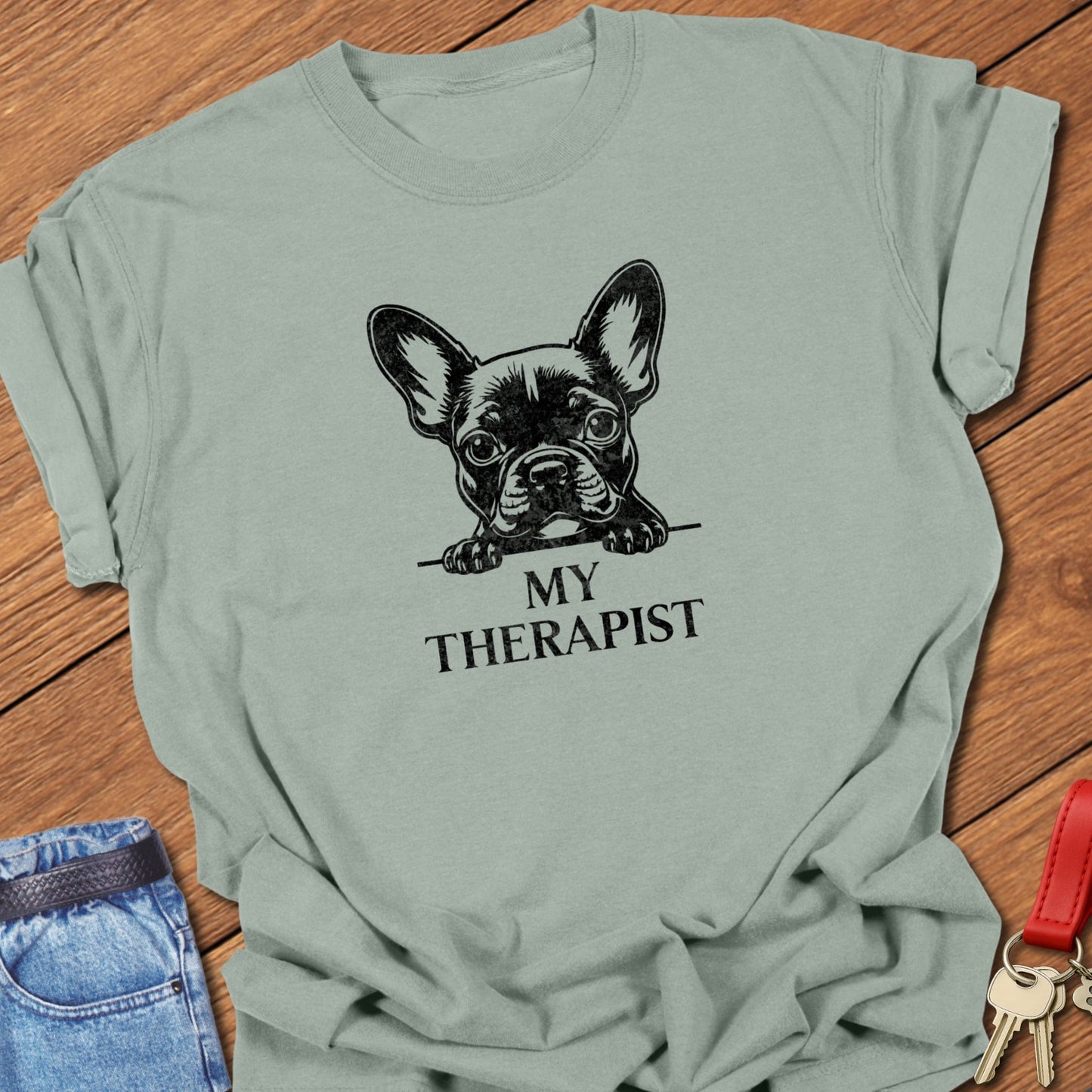 French bulldog therapist illustration printed on blue jean Comfort Colors t shirt