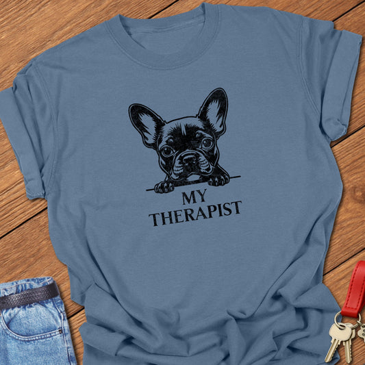French bulldog therapist illustration printed on bay Comfort Colors t shirt