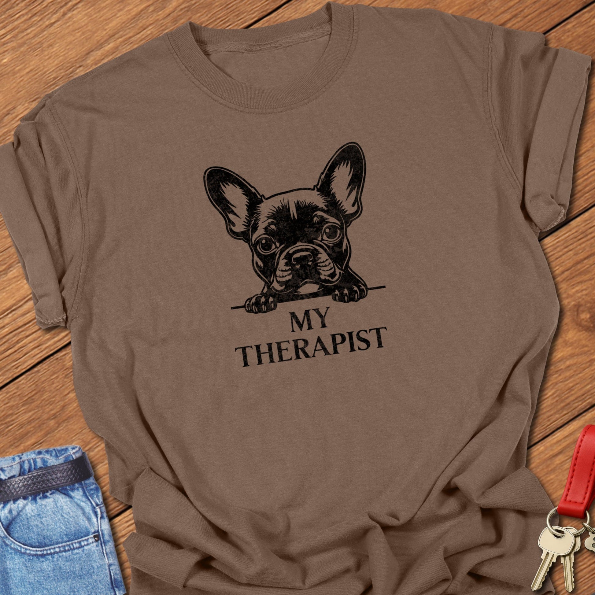 French bulldog therapist illustration printed on espresso Comfort Colors t shirt