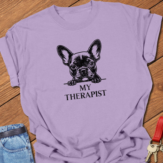 French bulldog therapist illustration printed on orchid Comfort Colors t shirt