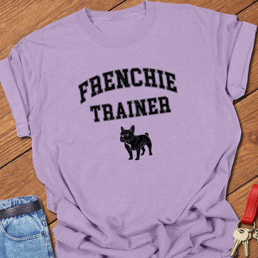 French bulldog trainer varsity-style typography with small Frenchie silhouette printed on orchid Comfort Colors t shirt