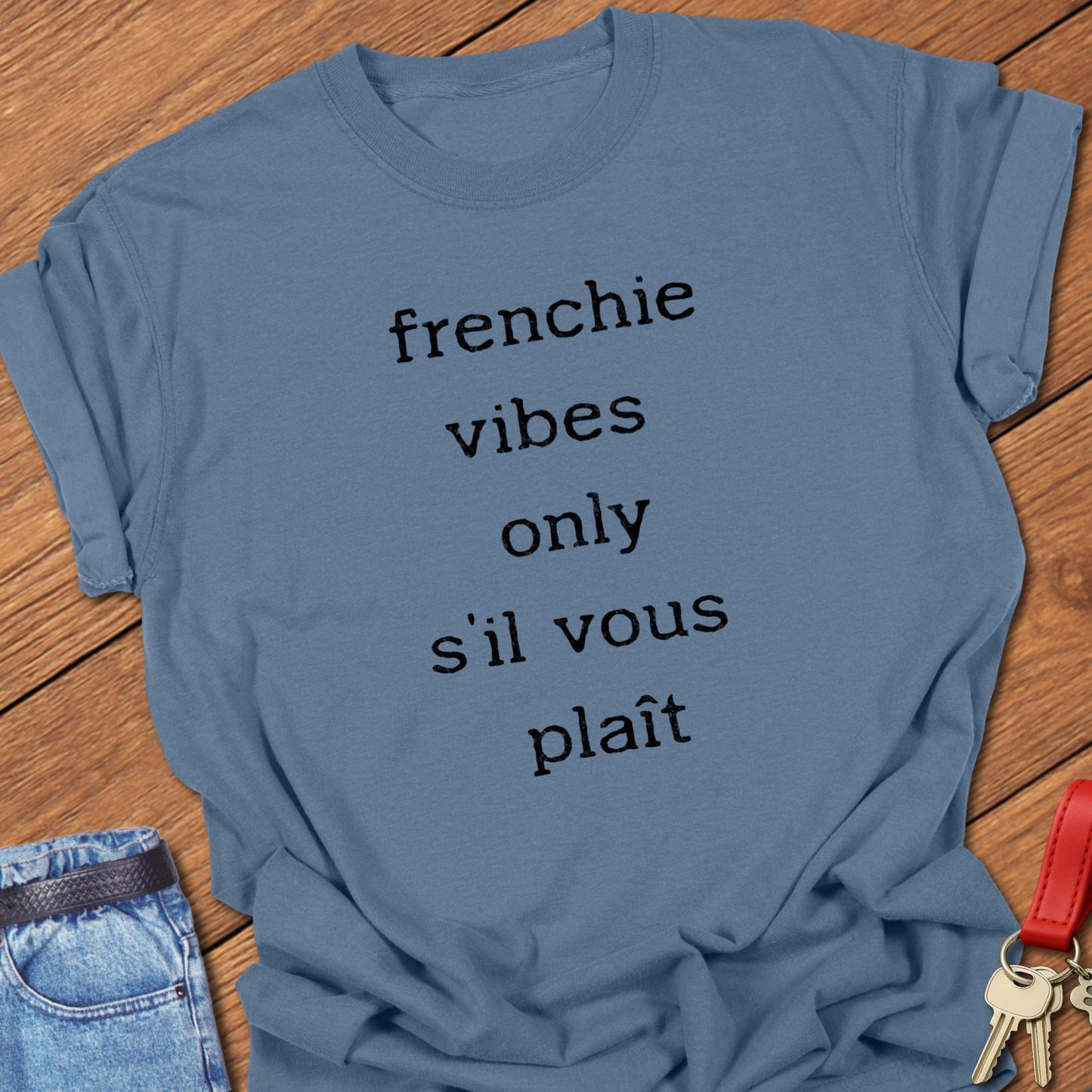 French bulldog text design printed on blue jean Comfort Colors t shirt