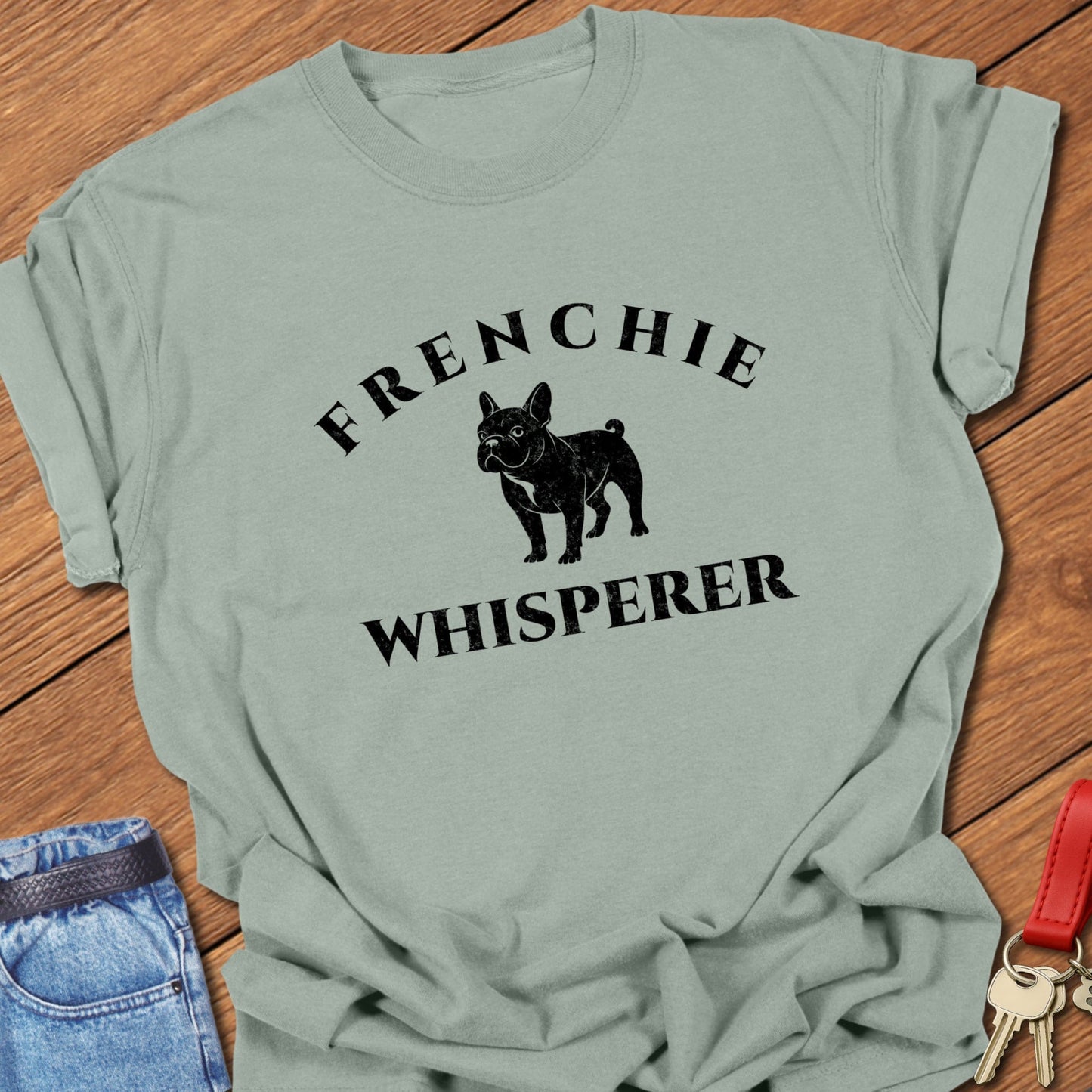 French bulldog “Frenchie Whisperer” text with vintage French bulldog silhouette graphic printed on granite Comfort Colors t shirt