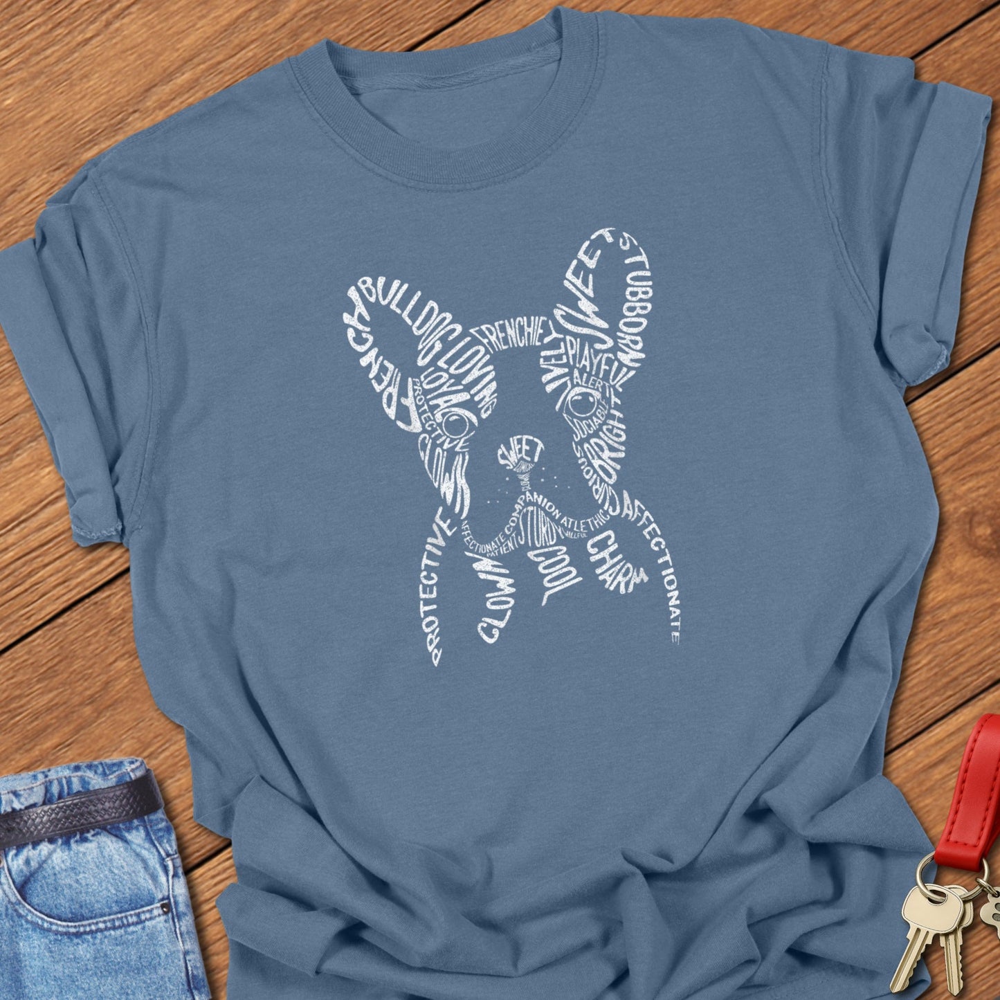 French bulldog typography word art silhouette design printed on blue jean Comfort Colors t shirt