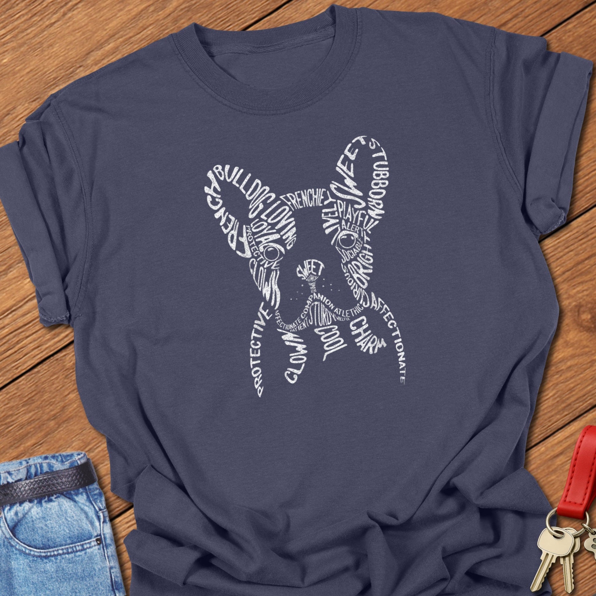 French bulldog typography word art silhouette design printed on navy Comfort Colors t shirt
