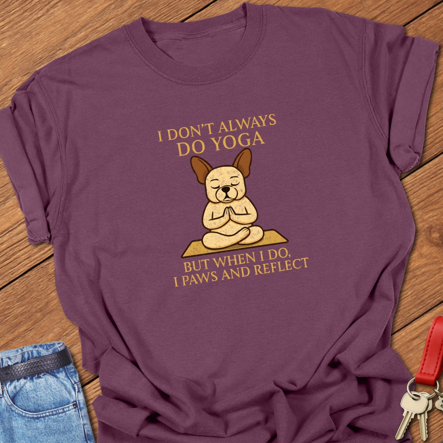 French bulldog yoga meditation illustration printed on berry Comfort Colors t shirt