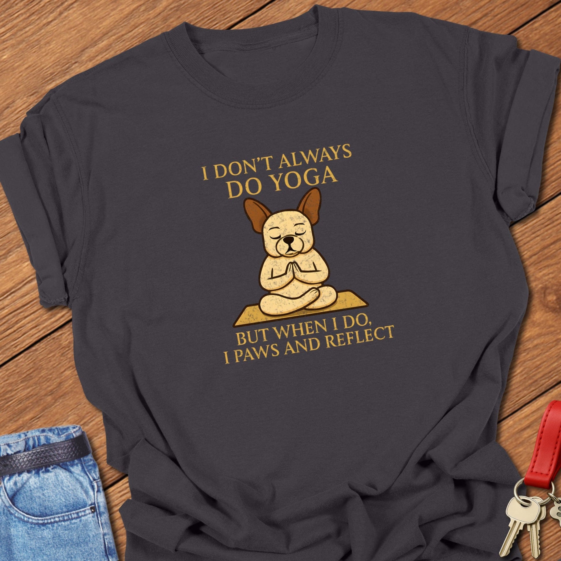 French bulldog yoga meditation illustration printed on graphite Comfort Colors t shirt