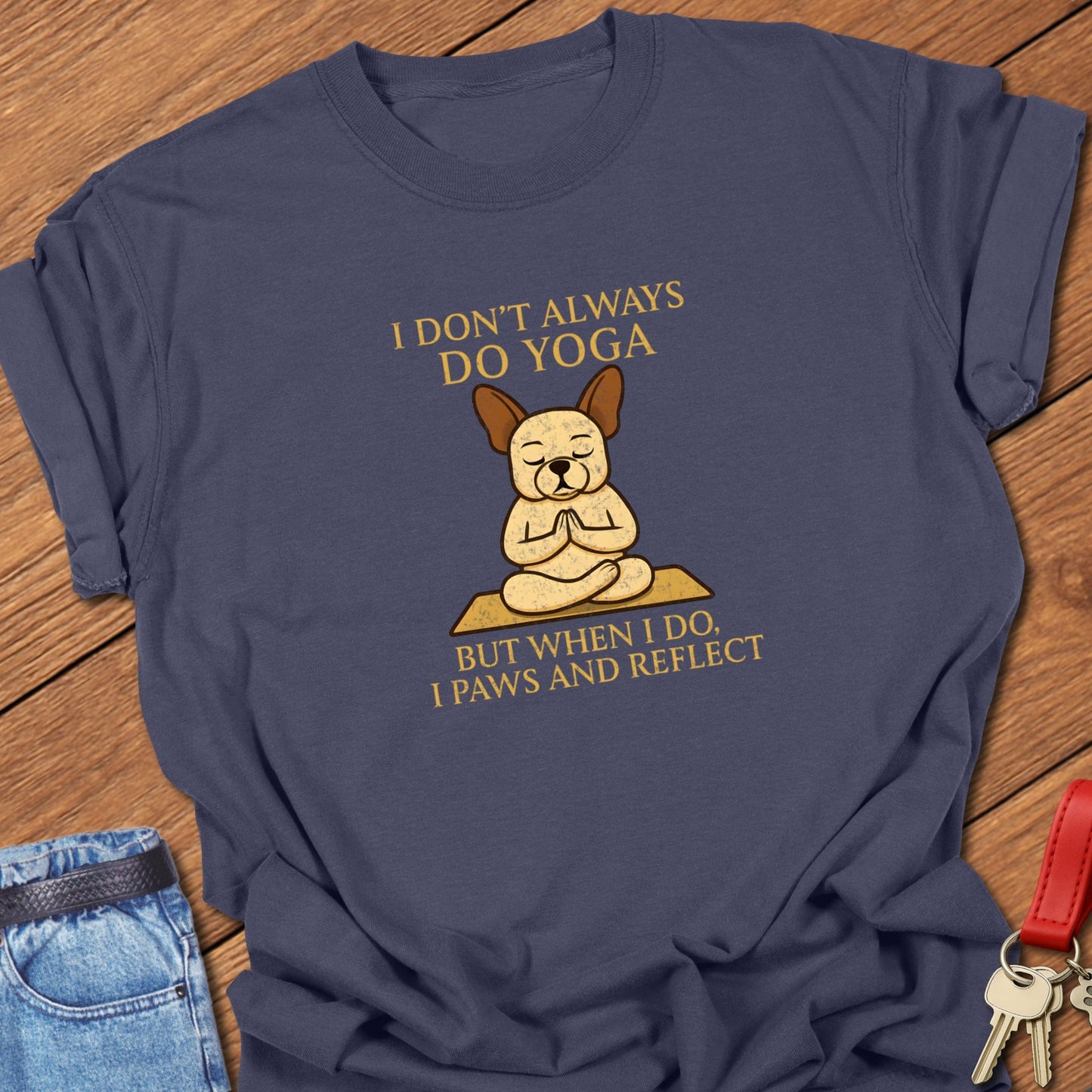 French bulldog yoga meditation illustration printed on navy Comfort Colors t shirt