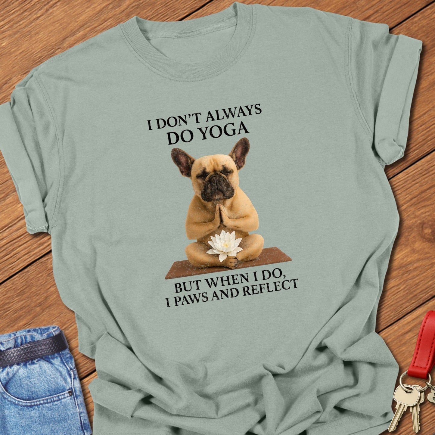French bulldog yoga meditation design printed on bay Comfort Colors t shirt