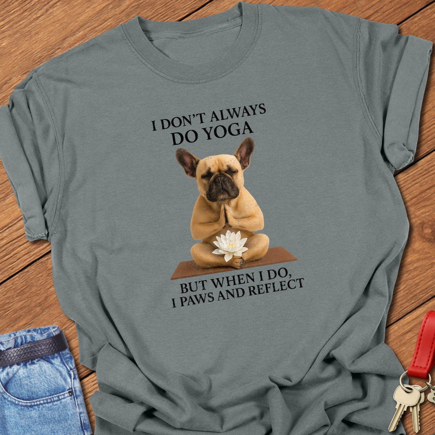 French bulldog yoga meditation design printed on granite Comfort Colors t shirt