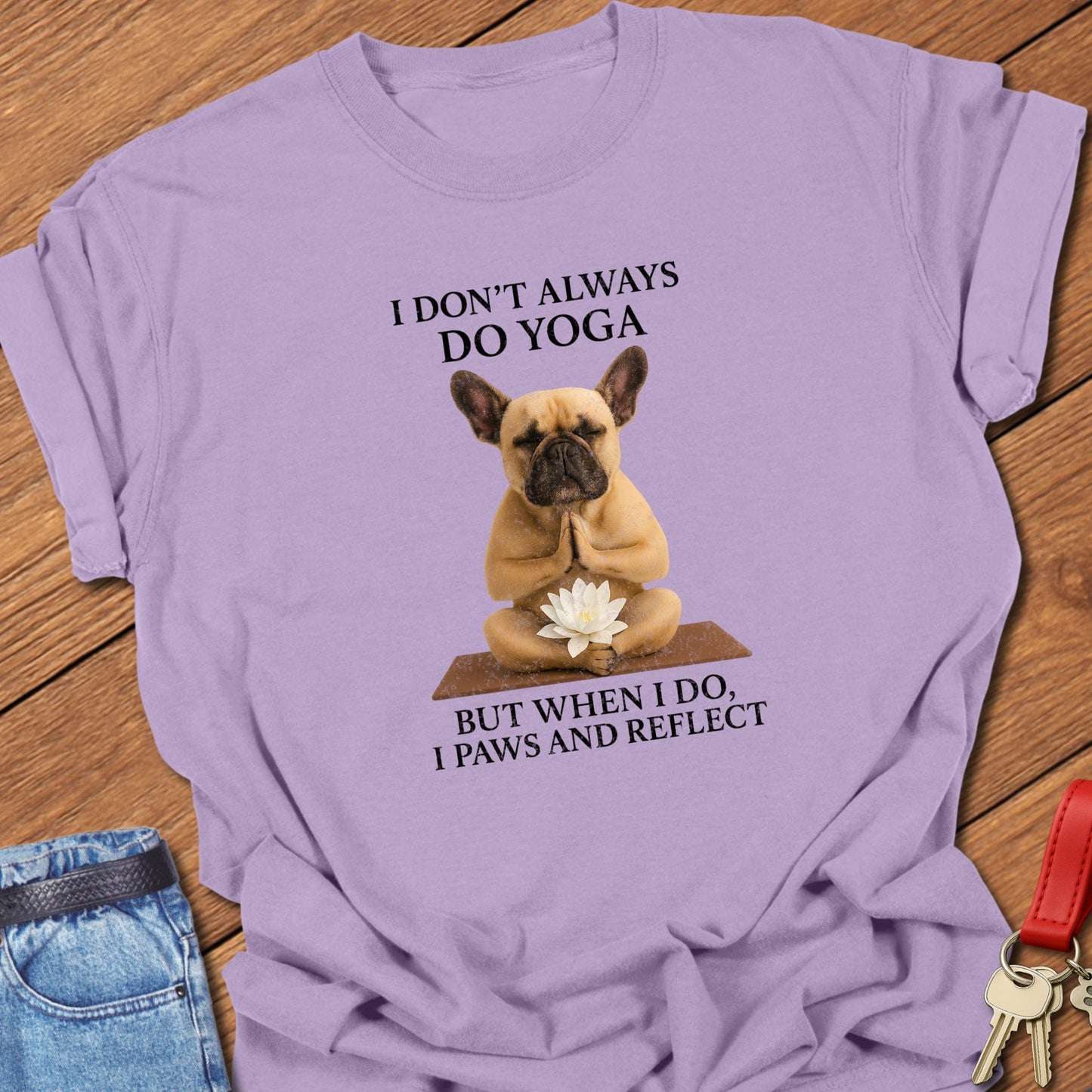 French bulldog yoga meditation design printed on orchid Comfort Colors t shirt